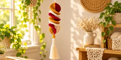 Three-color crochet wind spinner hanging in a warm boho-style room with a yellow bead and white tassel.