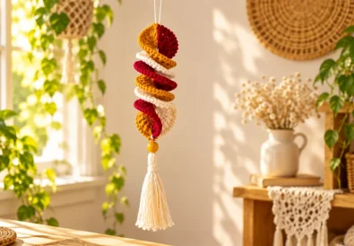 Three-color crochet wind spinner hanging in a warm boho-style room with a yellow bead and white tassel.
