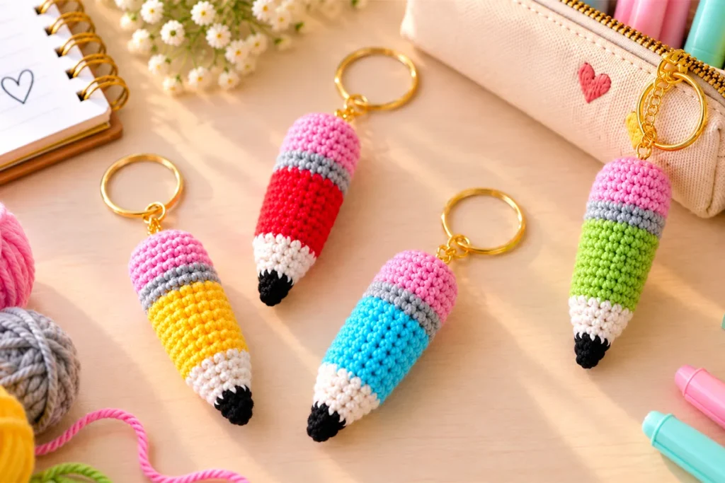 Finished colorful crochet pencil keychains with gold key rings on a craft desk