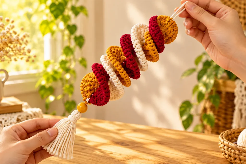 Finished three-color crochet wind spinner held by two hands, with mustard, cream, and burgundy spiral sections, a yellow bead, and a white tassel.