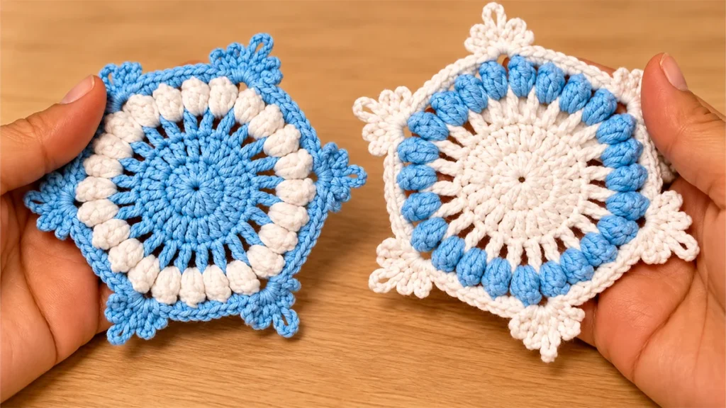 Two finished crochet snowflake coasters, one with a blue center and white popcorn stitches and the other with reversed colors.