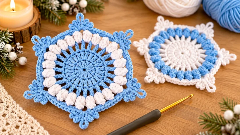 Crochet snowflake coaster with blue center, white popcorn stitches and a reversed-color coaster in the background
