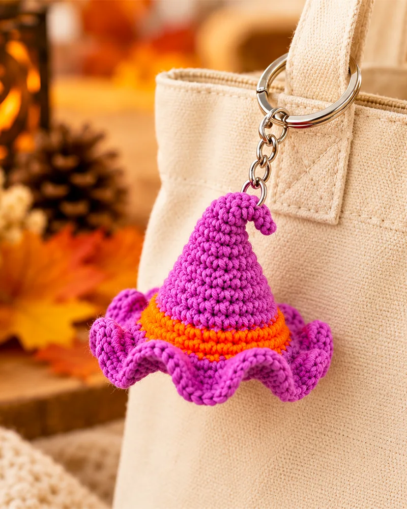 Purple crochet witch hat keychain with an orange band hanging from a handbag in a warm autumn setting.