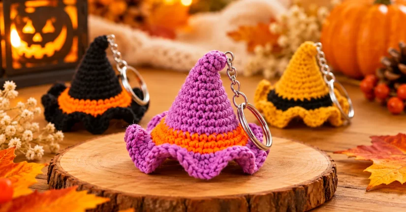 Purple crochet witch hat keychain with an orange band and curved tip displayed in a warm autumn setting.