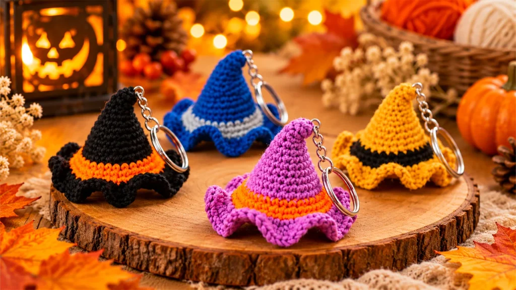 Colorful crochet witch hat keychains displayed in a clean lifestyle setting, featuring finished mini hats in purple, black, blue, and mustard yellow.